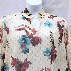 Soft Surroundings Size 2X ruffle neck, button, ruffle sleeves gold thread blouse
